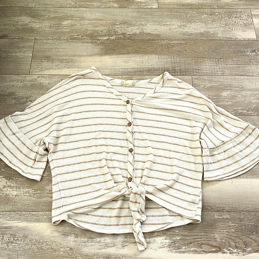women’s altered state white and brown striped ribbed shirt size M